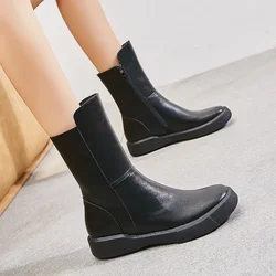 Ladies Mid Calf Shoes Leather Black Wedge Heel Flat Women's Half High Boots on Promotion Footwear Hot 2024 New Gothic Boot Trend