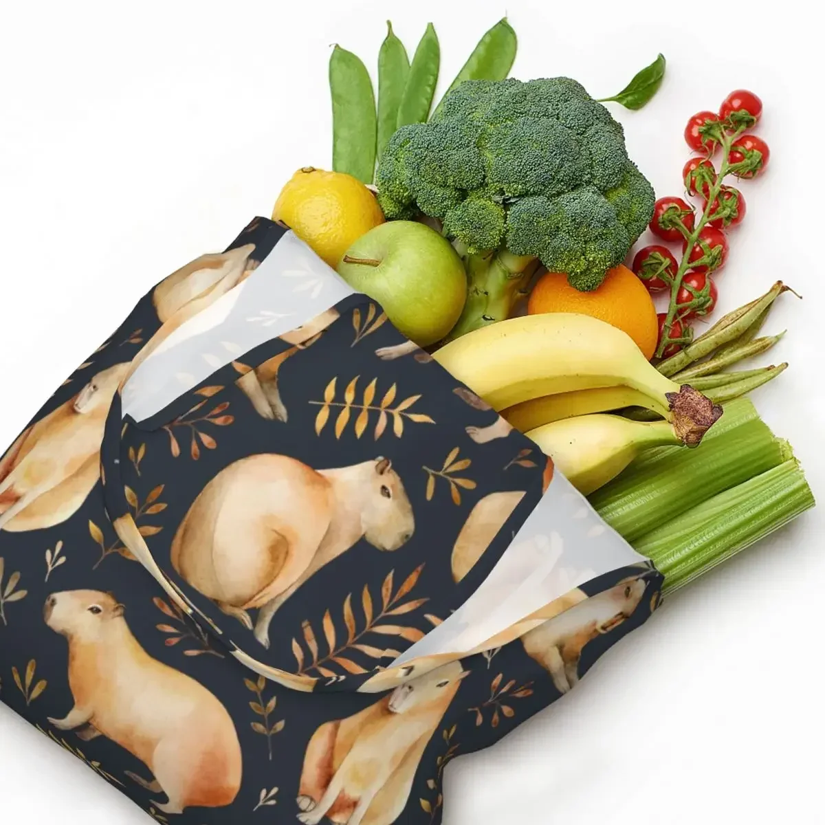 

Kawaii Capybaras And Leafs Pattern Shopping Tote Bags Reusable Groceries Canvas Shopper Shoulder Bag