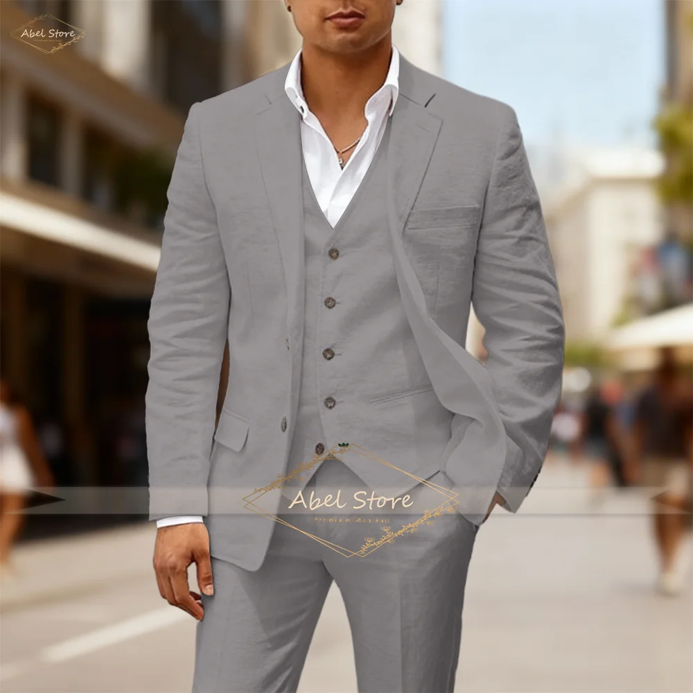 

Мужской льняной костюм-тройка, пальто + жилет + брюки, приталенный крой, дышащий и приятный для кожи, подходит для нескольких случаев