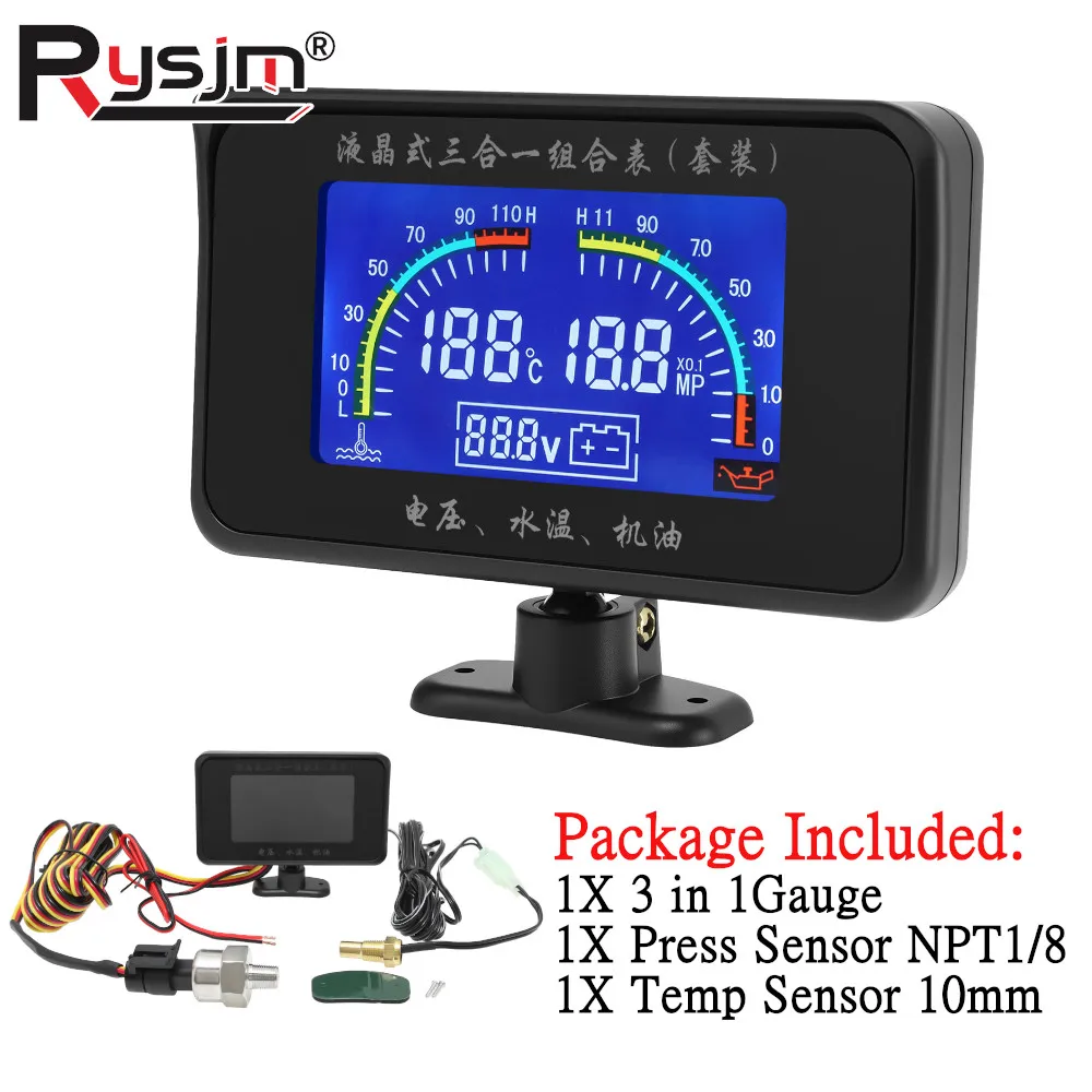 

3 in 1 Car Gauge Oil Pressure Voltmeter Water Temp Gauge With Sensor NPT1/8 10MM LCD Meter With Buzzing Flash Alarm 12V 24V