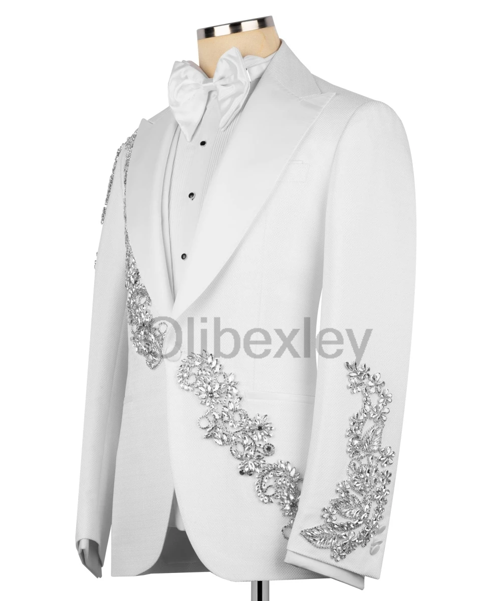Olibexley Elegant White Slim 2 Piece Men's Suit Crystal Decoration Wedding Groom Business Dinner Prom Suit Customized S318