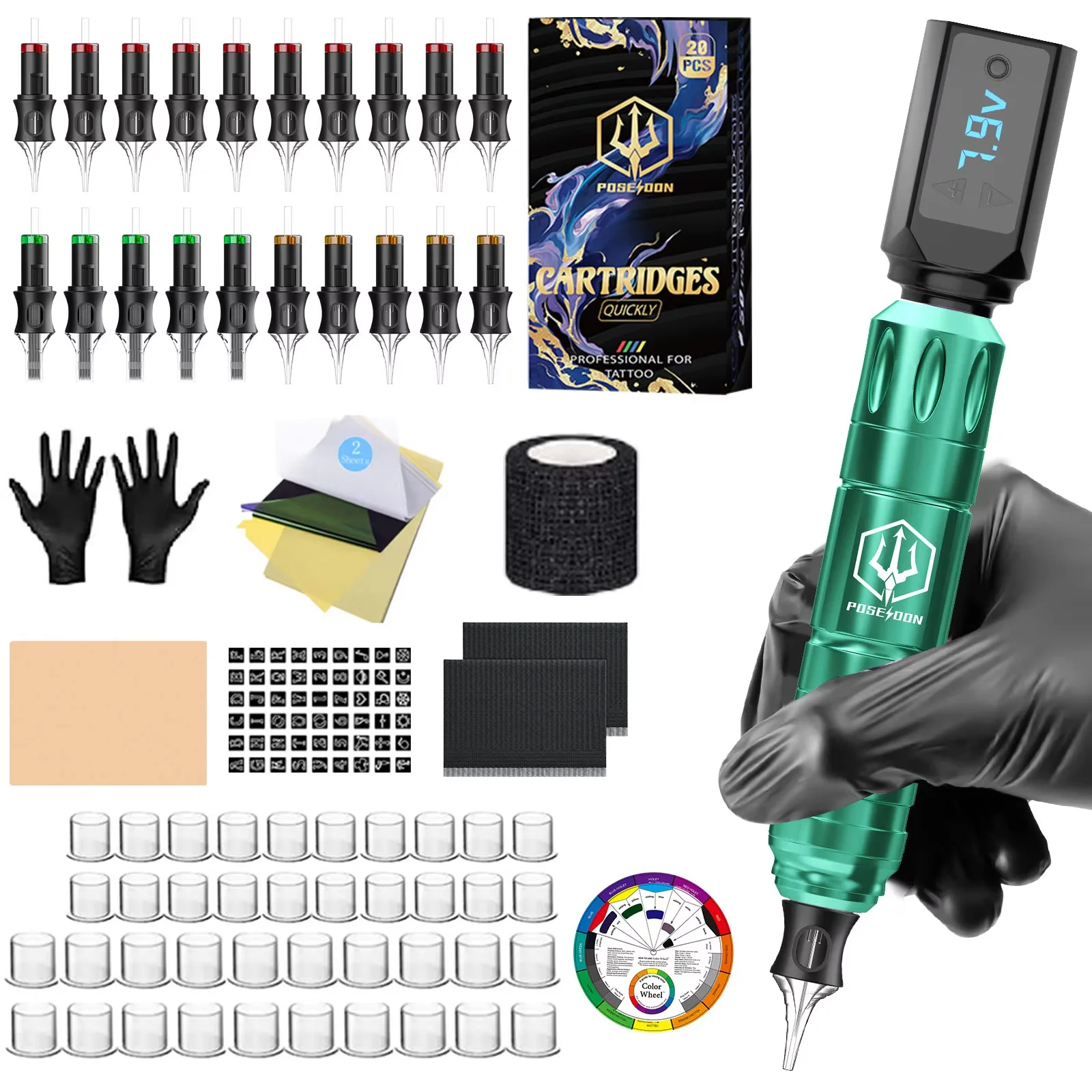 Tattoo-Set POSEIDON V5 Grünes Tattoo-Pen-Set für Permanent-Make-up, Tattoo-Maschinen-Set, kabelloses Tattoo-Stromversorgungsgerät, Tattoo-Pistolen-Set