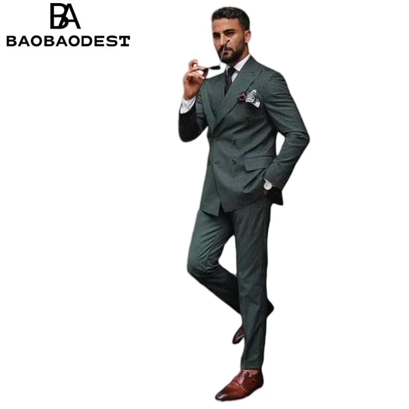 

Men's Striped Suit 2-Piece Set - Double Breasted Tuxedo Blazer & Pants, Wedding Party Business Dinner Smoking Formal Outfit