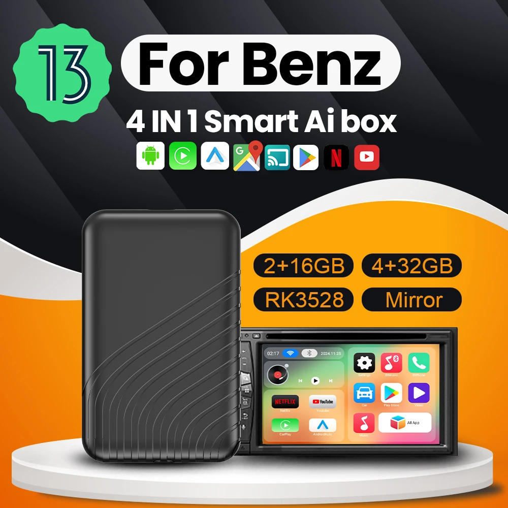 

Беспроводной Carplay Android Auto CarPlay Ai TV Box Android 13 для Netflix Youtube для Benz A‐Class B‐Class CLA‐Class CLS‐Class