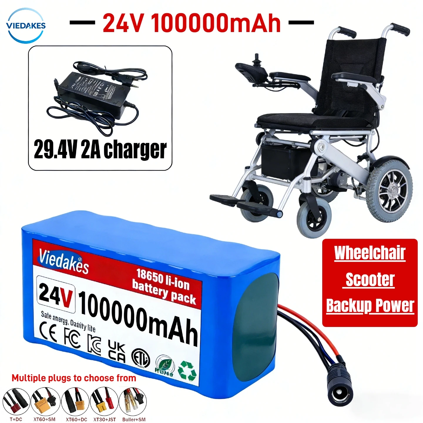

24V 100Ah 7S3P 18650 Rechargeable Battery Pack, with 29.4V 2A Charger, for Electric Wheelchair & Portable Power Supply