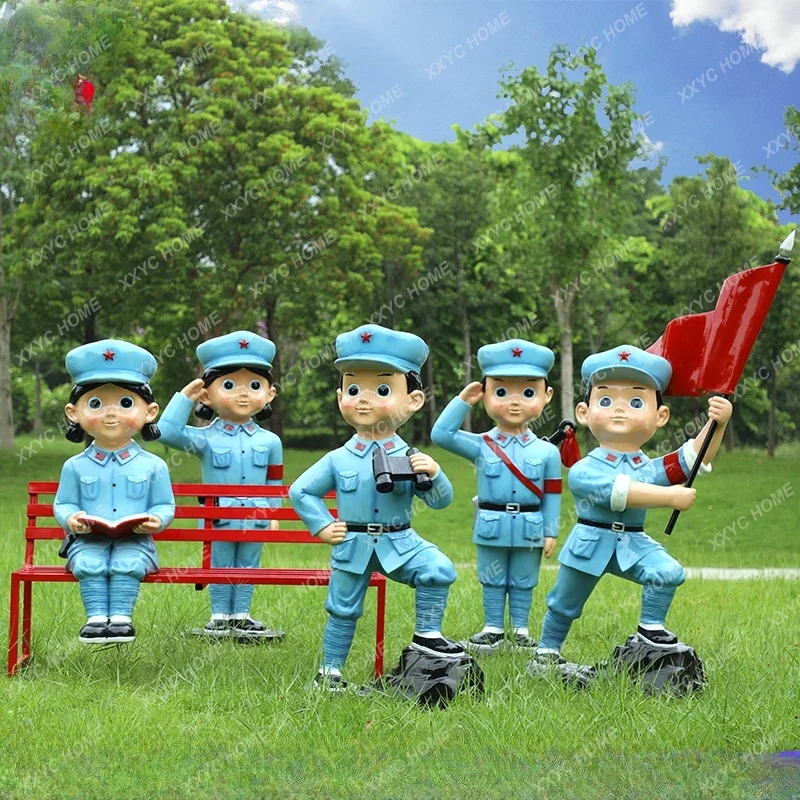 Frp Cartoon Little Red Army Sculpture Eighth Route Army Character Park School Garden Landscape Red Culture Big Decorations