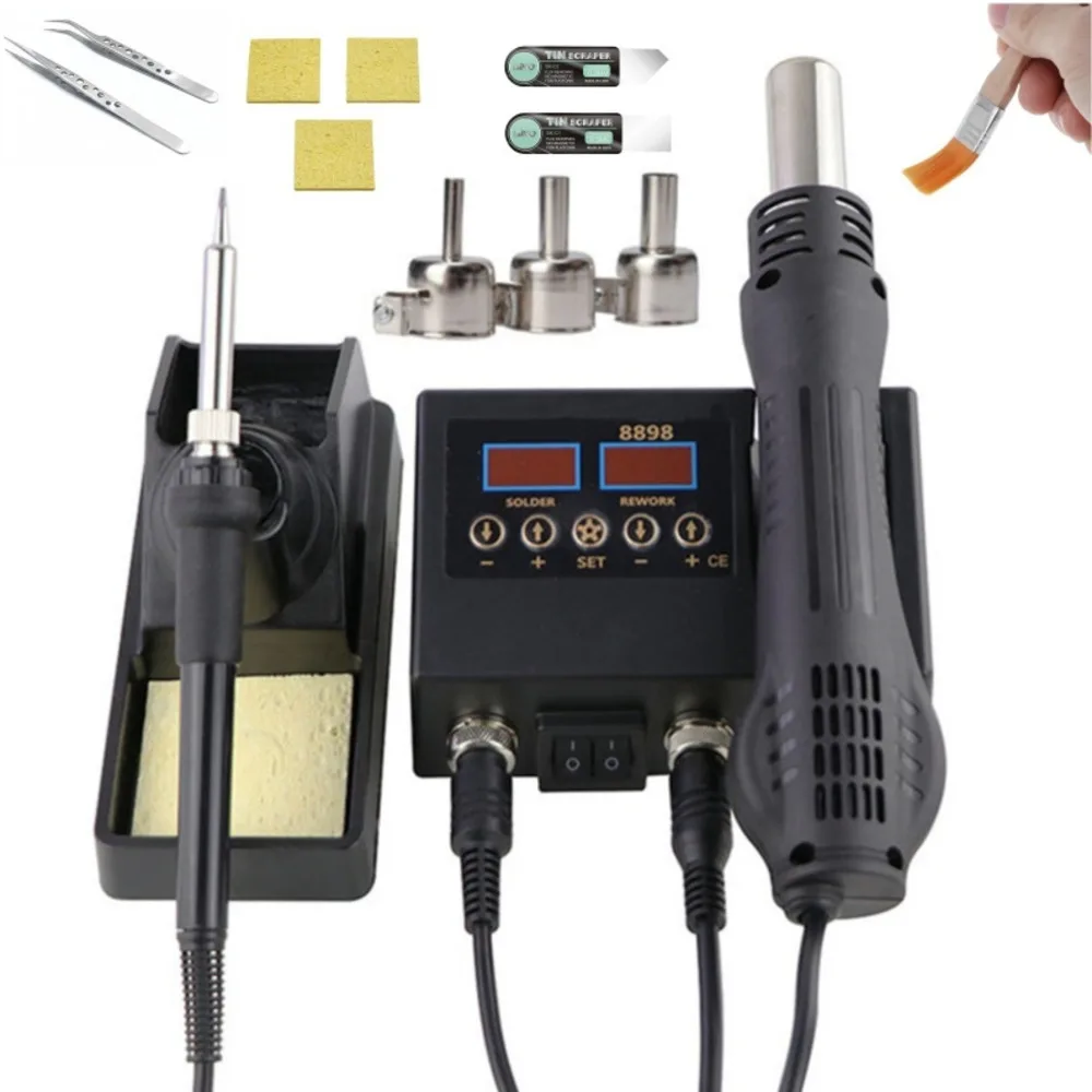 8898 2 in 1 Hot Air Gun 600W LCD Digital Rework Soldering Station Electric Soldering Iron for Phone PCB IC SMD Welding Station