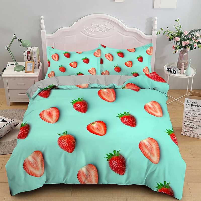 

Red and Green Cartoon - Themed Strawberry - Sweet Fruit Queen and King - Sized Duvet Cover Set for Kids Girls