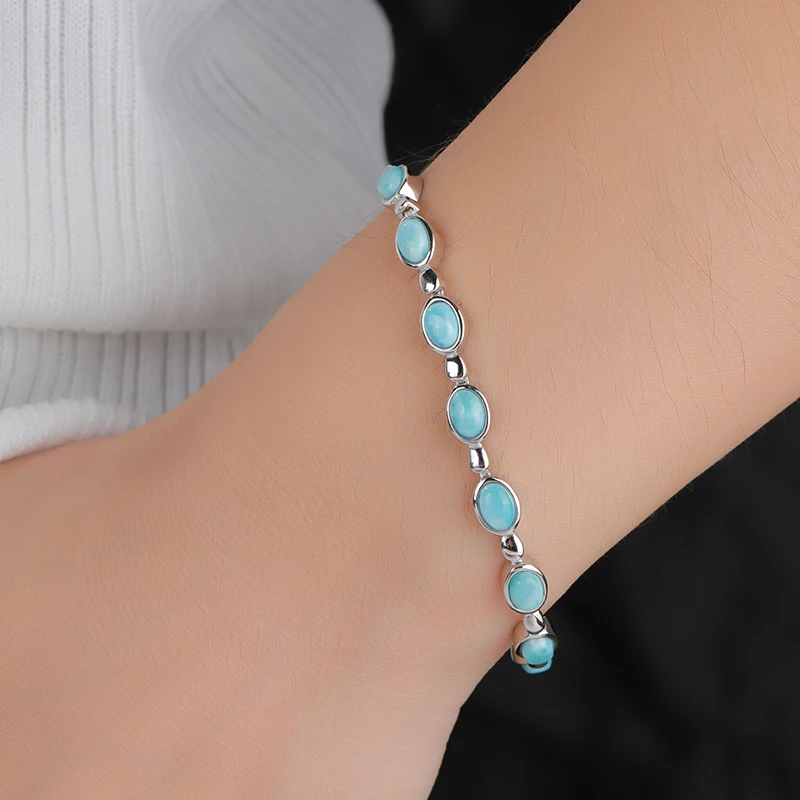 XYOP Natural Larimar Blue Oval Classic Bracelet Burning Christmas, Warm For Love, Warm Winter Praise