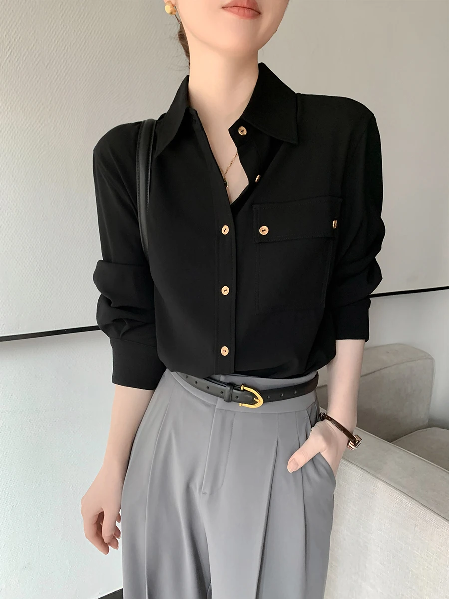 

Ele Bla Long Sve Women's irt Satin Fabric Gold Button Commute Faion Top New 2025 Loose Fit Collar Pure Color