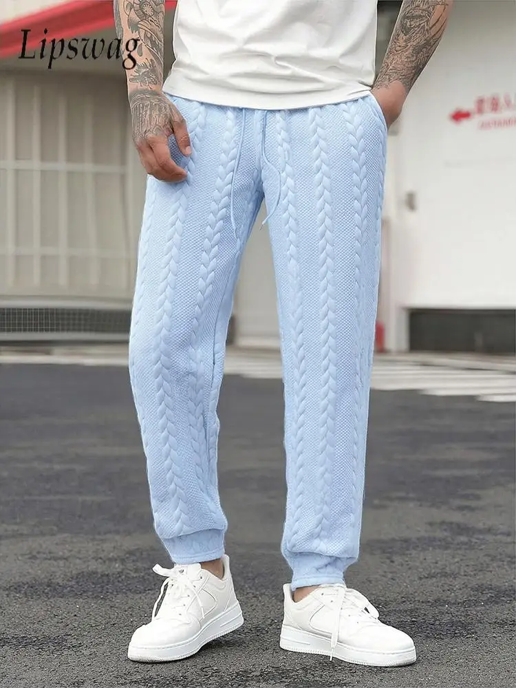 

Весенне-осенние новые повседневные мужские текстурированные брюки, спортивные свободные прямые спортивные штаны для мужчин, повседневные жаккардовые брюки на шнурке для отдыха