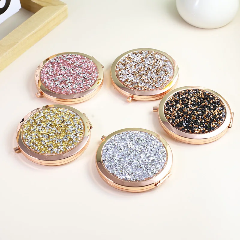 

Rose Gold Round Makeup Mirror with Rhinestones, Cute Metal Folding Dual-Sided Compact for Portable Touch-ups