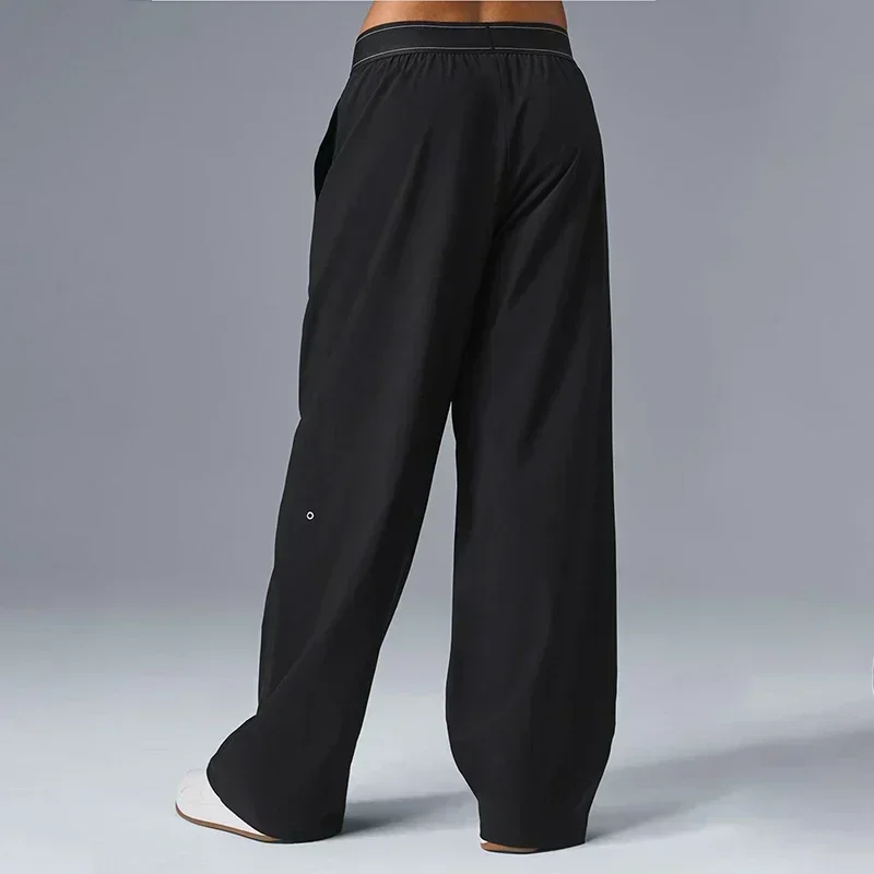 

Summer Casual Sports Yoga Suit Pants Loose Pocket Black Classics Wide Leg Pants WomenElastic Waist Belt Straight Trousers Women