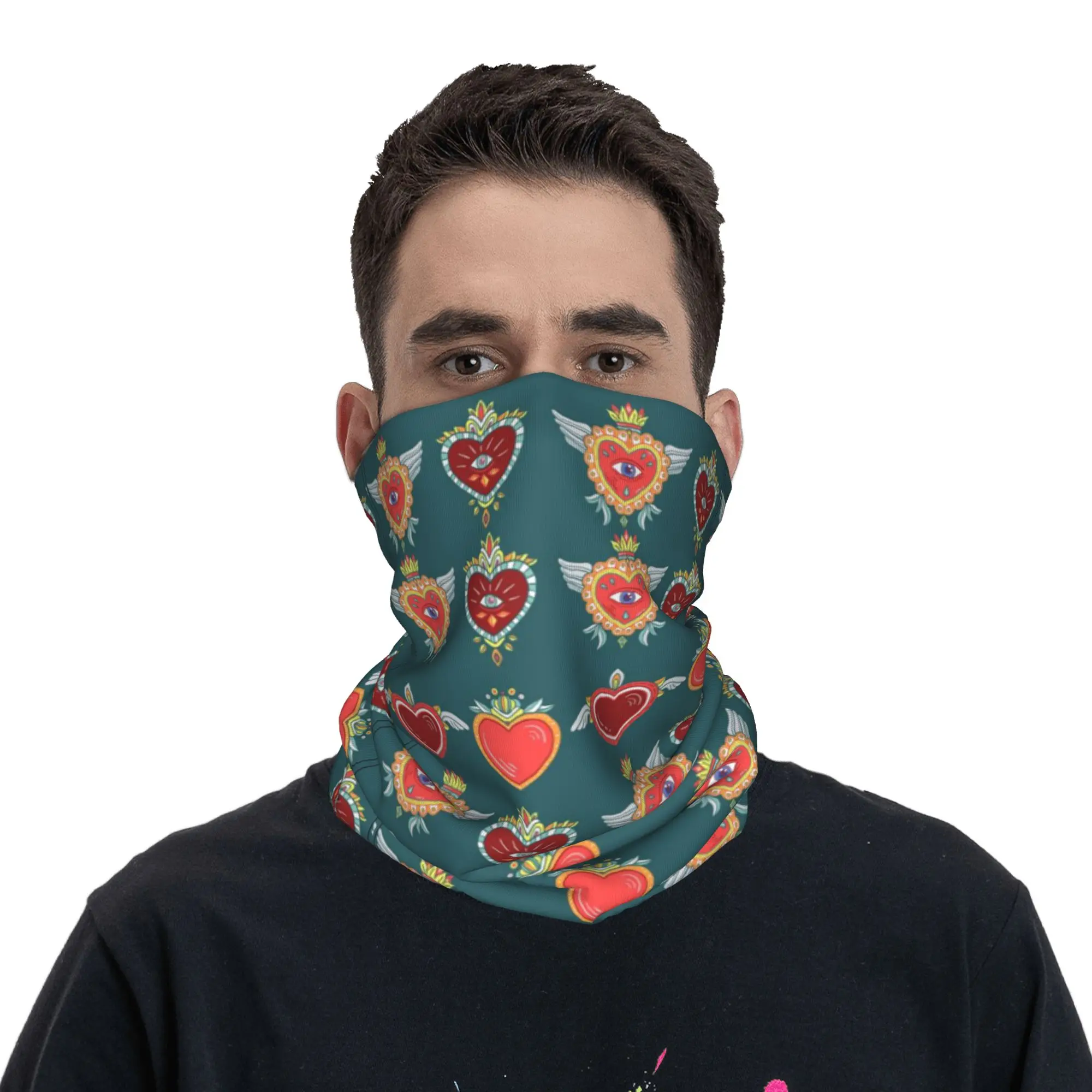 Retro Mexican Heart Milagro pattern Bandana Neck Cover Printed Wrap Scarf Multifunction Face Mask Hiking Fishing For Men Women