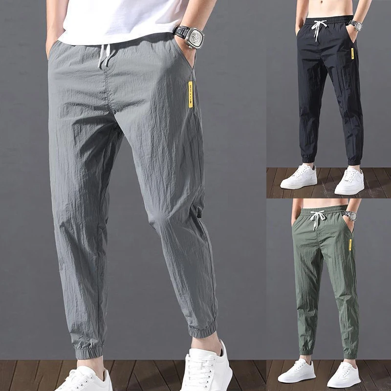 

Casual Sports Pants Men's Summer Thin Drawstring Elastic Waist Nine Points Pants Quick Dry Trendy Slim Trousers Men New