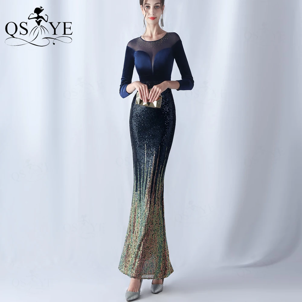 Long Sleeves Velvet Navy Evening Dresses Hot Drill Sequined Prom Gown Mermaid Elegant Fade Sequin Gold Bottom Party Dress Plus