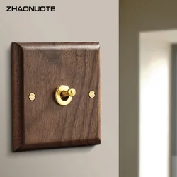 1-4 Gang 2 Way Black Walnut Solid Wood Toggle Switch EU Socket Brass Lever Wall Lamp Switch for Home Improvement