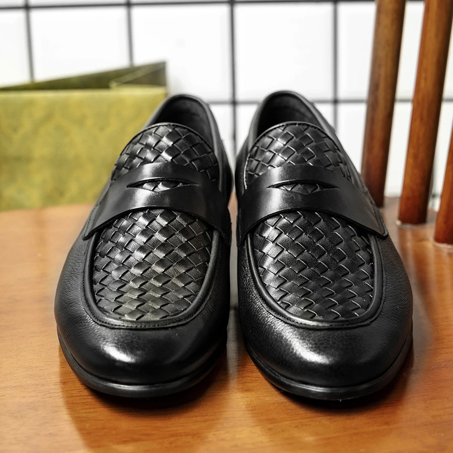 "HANMCE حذاء بدون كعب منسوج يدويًا للرجال | حذاء رسمي سهل الارتداء من جلد البقر الأصلي للأعمال | أحذية بتصميم مضفر | عدم الانزلاق #5