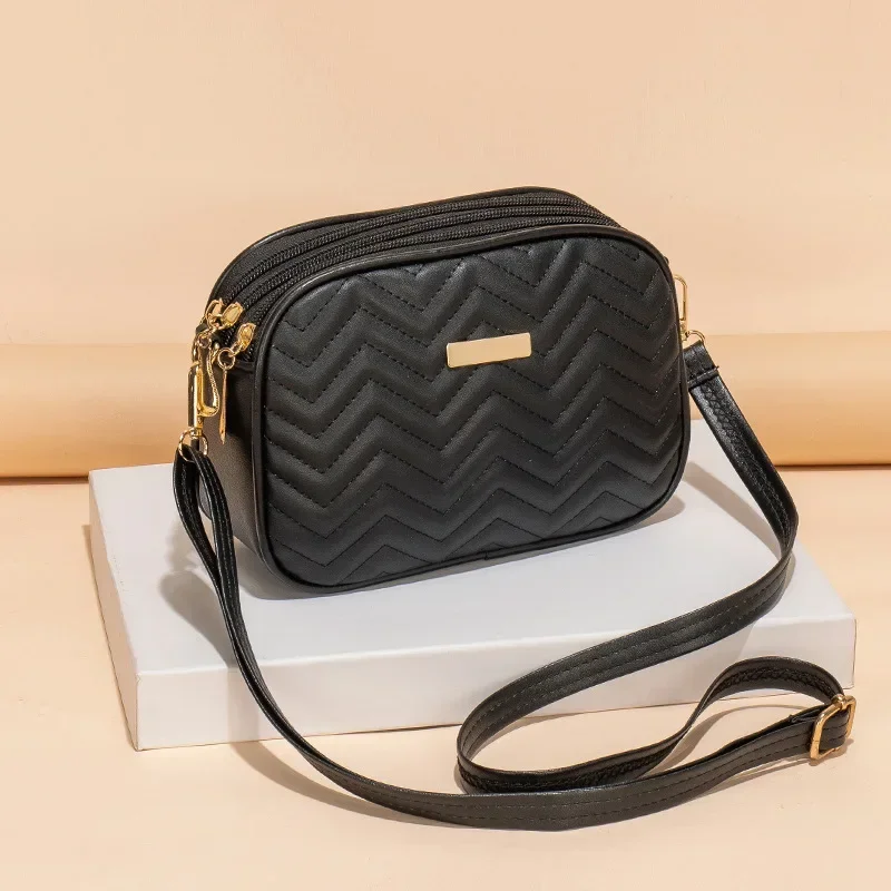 Large Capacity Three Zipper Crossbody Bag, New Fashionable and Simple Diamond Shaped Wave Embroidered Monochrome Camera Bag