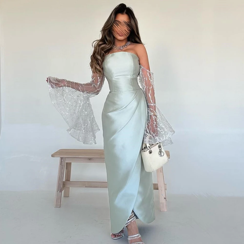 

2024 Blue Satin Tulle Puff Sequins Sleeves Split Evening Dresses Prom Dress Straight Party Dress Celebrity Gowns Robes De Soirée