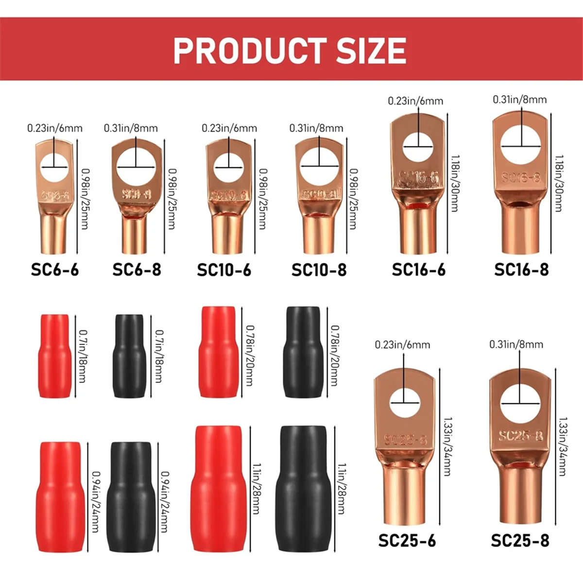 ETRT Tube Cable Lug Set, 120 Pieces Pipe Cable Lugs Set, Bolt Hole Tinned Copper Terminals, Crimp Connector, Cable Lug Set