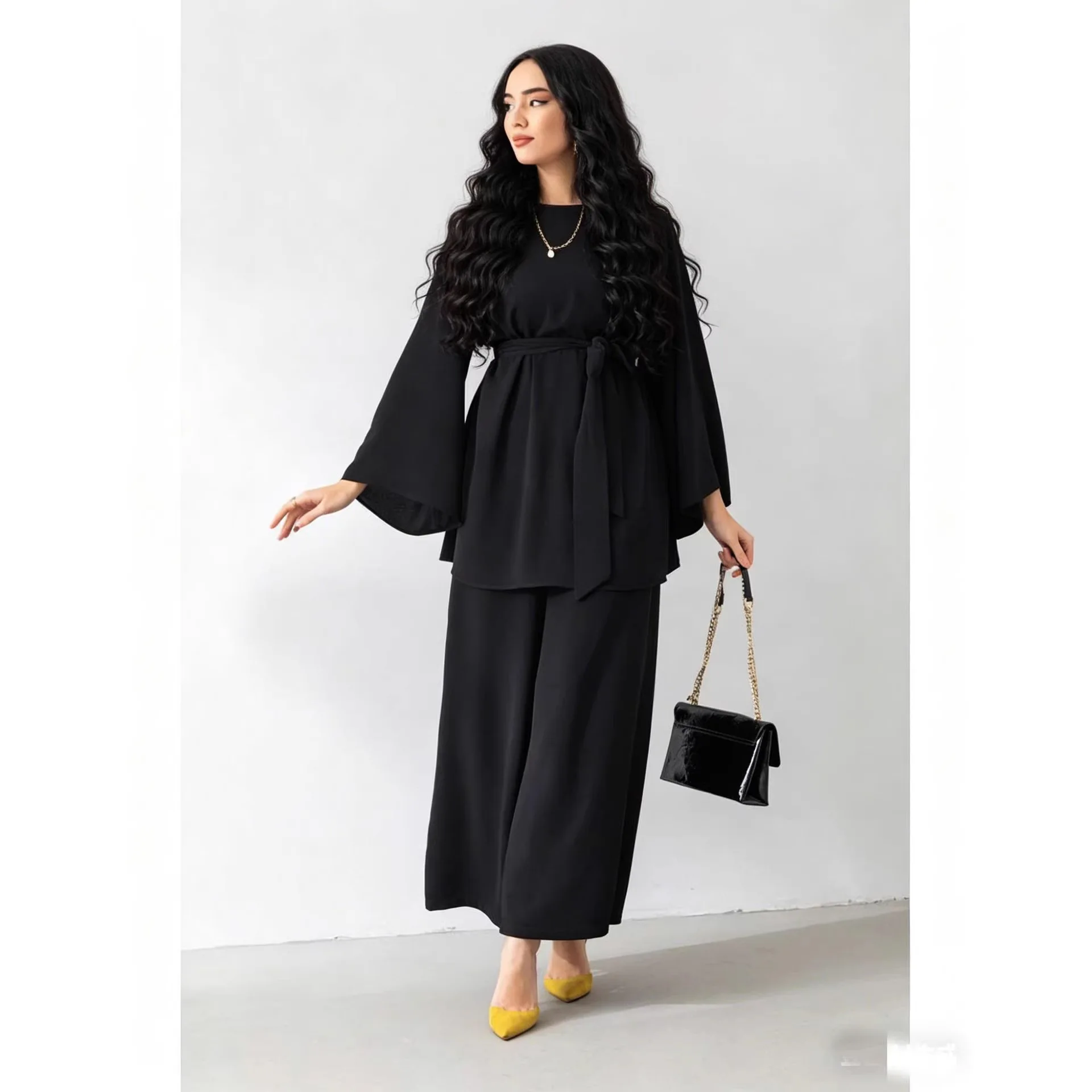 Muslim Sets Women Blouse Wide Leg Pants 2 Piece Suit Ramadan Sashes Morocco Dubai Islam Top Trousers Ensemble Eid Outfits
