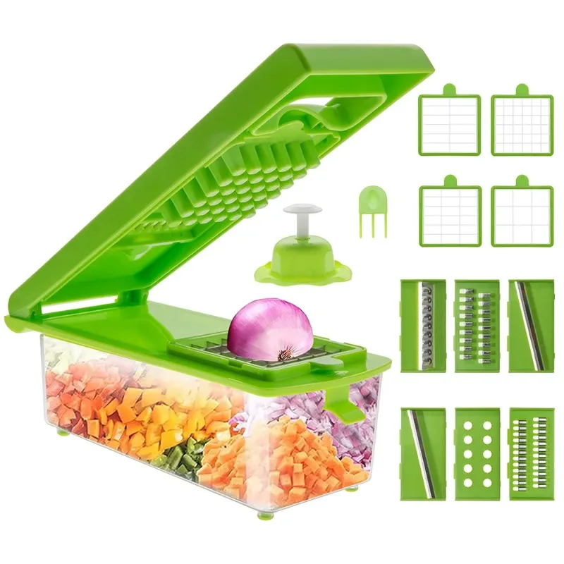 Green Multifunctional Vegetable Chopper Manual Food Processor with Slicer Shredder Grater Fruit Cleaner Professional Tool Home
