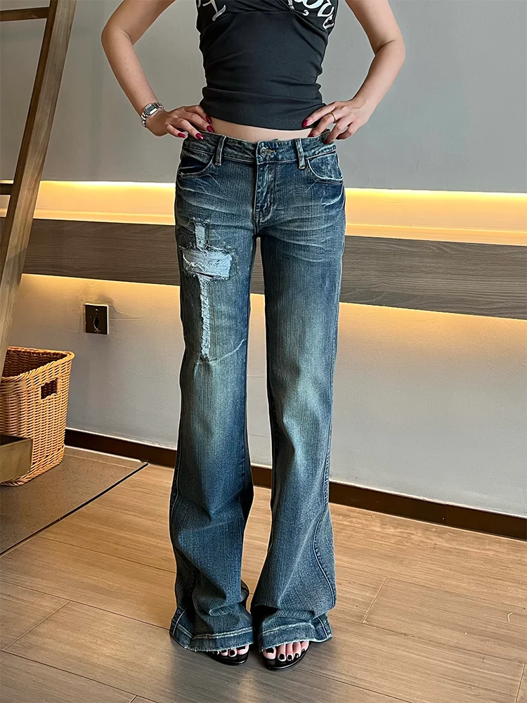 

plus Size American Street Style Ripped Denim Jeans Women Loose Slim Wide Leg Straight Casual Floor Length Pants