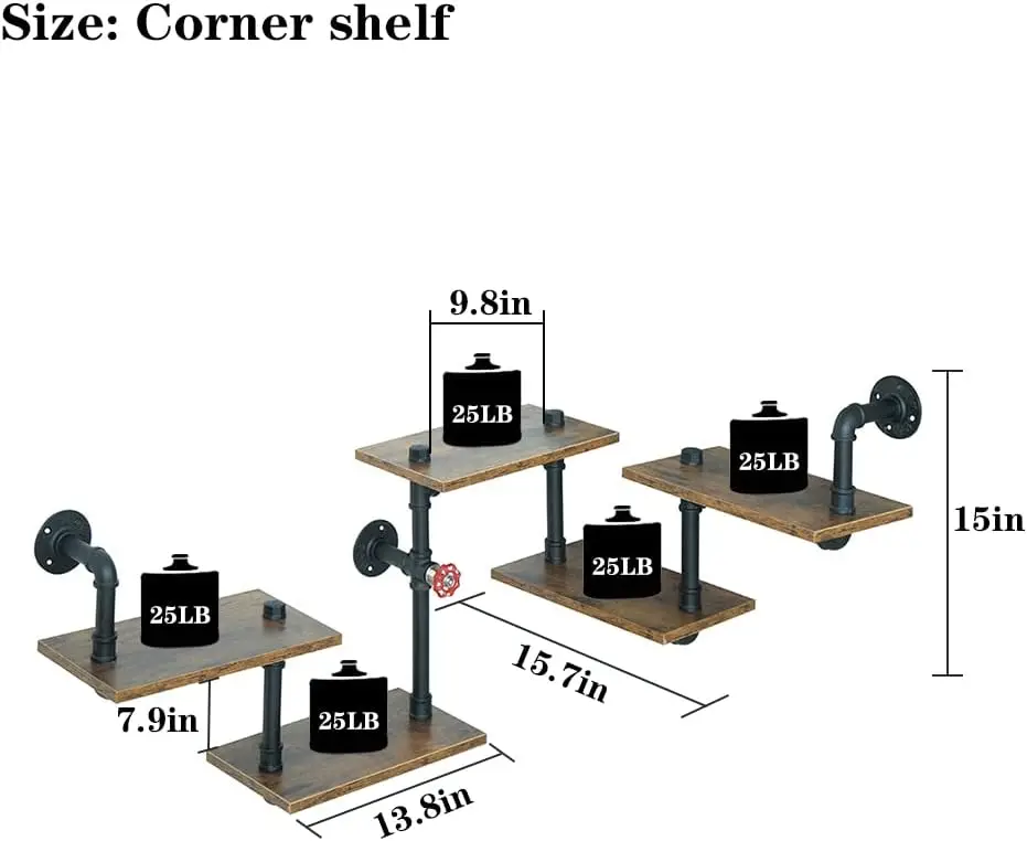 Industrial Pipe Shelving, Pipe Shelves with Wood Planks, Floating Shelves Wall Mounted, Retro Rustic Industrial Shelf for Bar Ki