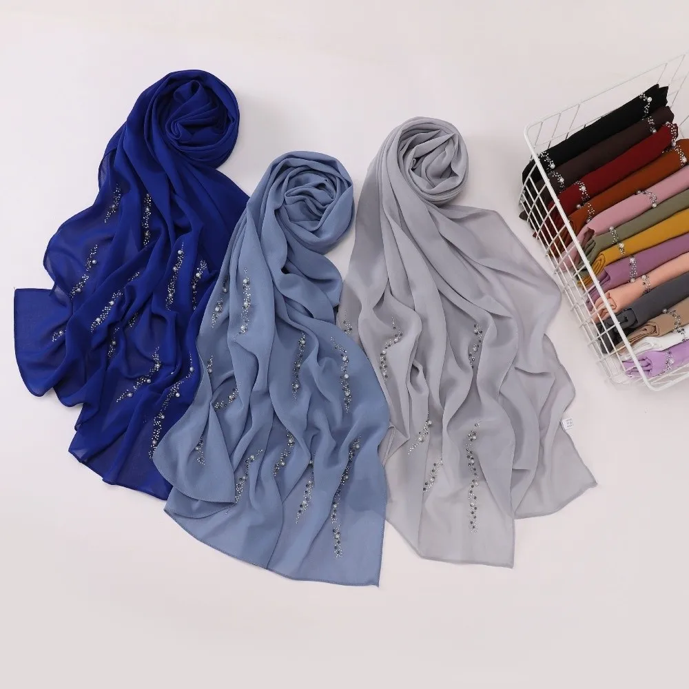 Rhinestone Imitation Pearl Chiffon Hijab Shimmer Beads Lightweight Malaysia Shawl Scarf Elegant Breathable Soft Head Wrap Prayer