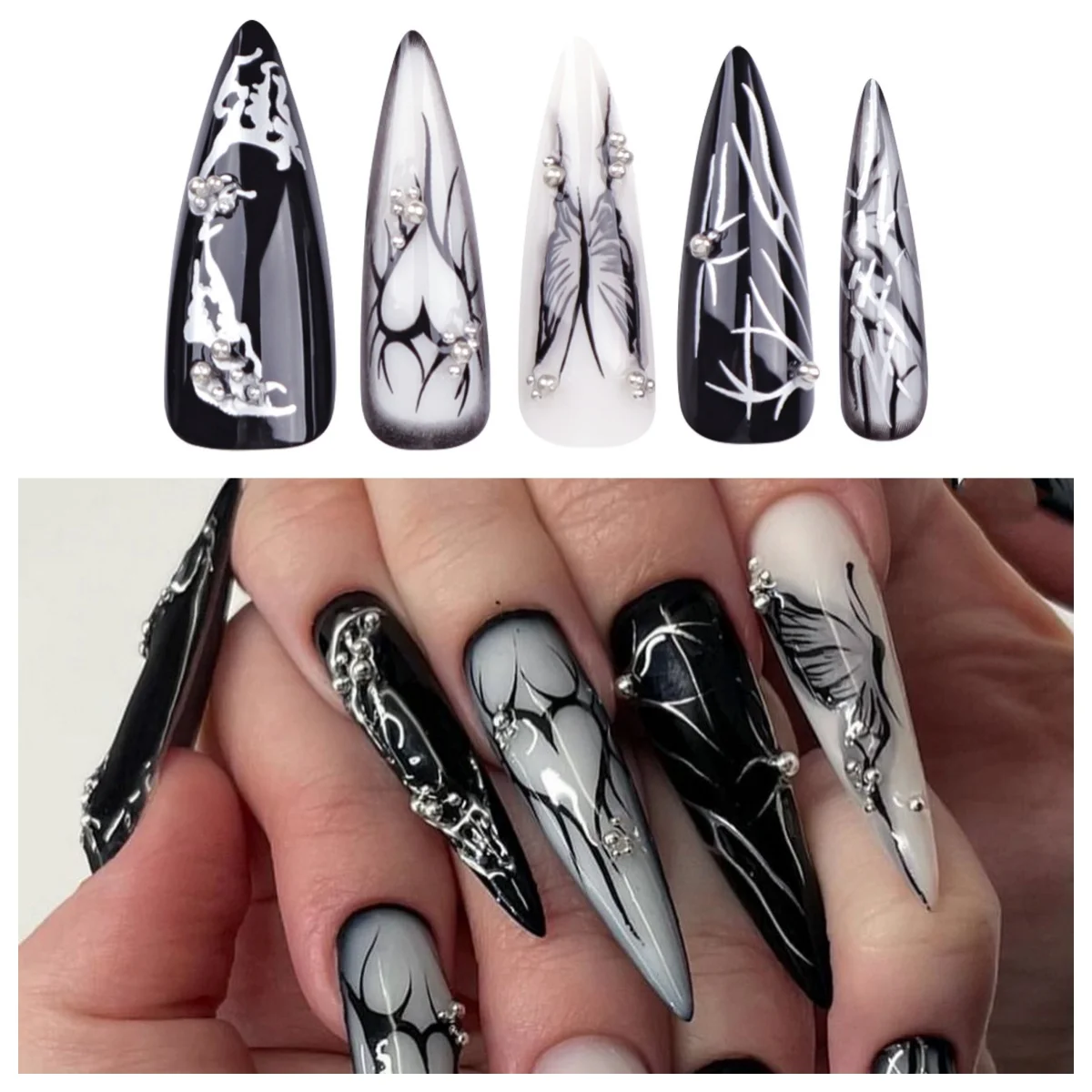 

Goth Edgy Heart & Butterfly Press on Nails - US EU Bestselling Reusable Fake Nails