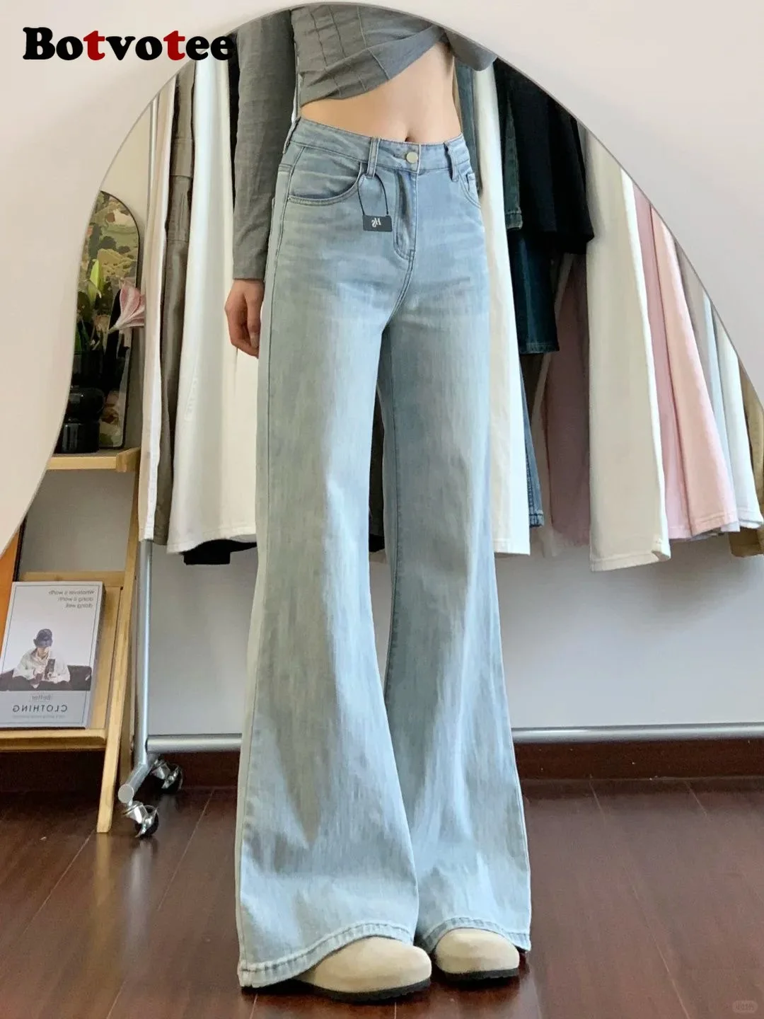 

Botvotee классические американские винтажные джинсы в стиле ретро для женщин, прямые джинсы с высокой талией 1950-х/1960-х годов, светло-голубые брюки