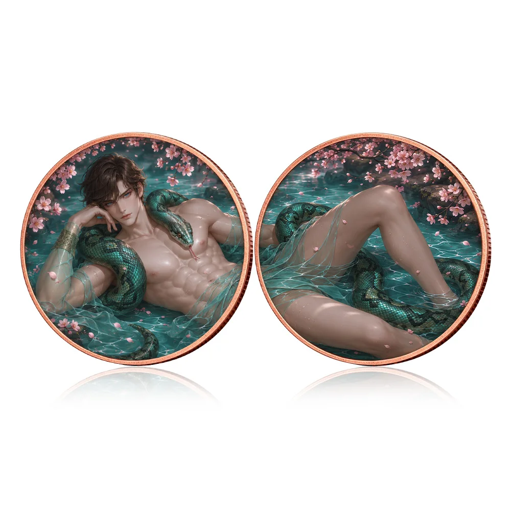 1oz .999 Fine Copper Anime Snake Man Coin Oriental Cherry Blossom Water Serpent Color Print Zodiac Collectible Souvenir Coin