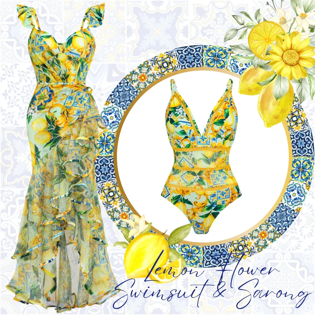 FLAXMAKER Sexy Lemon Print Ruffle Strap Bikini Swimsuit and Mesh Splicing Sarong Women Swimwear Push Up Bathing Suit Monokini