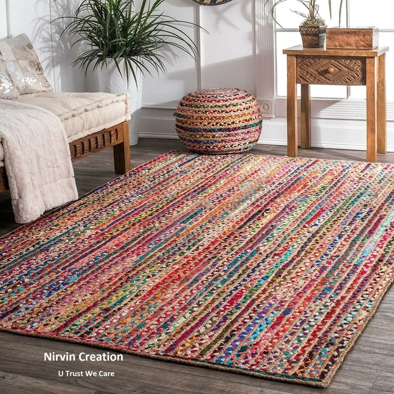 Natural Rug Jute & Cotton Braided Style Carpet Reversible Modern Rustic Look Rug for Living Room Rugs for Bedroom