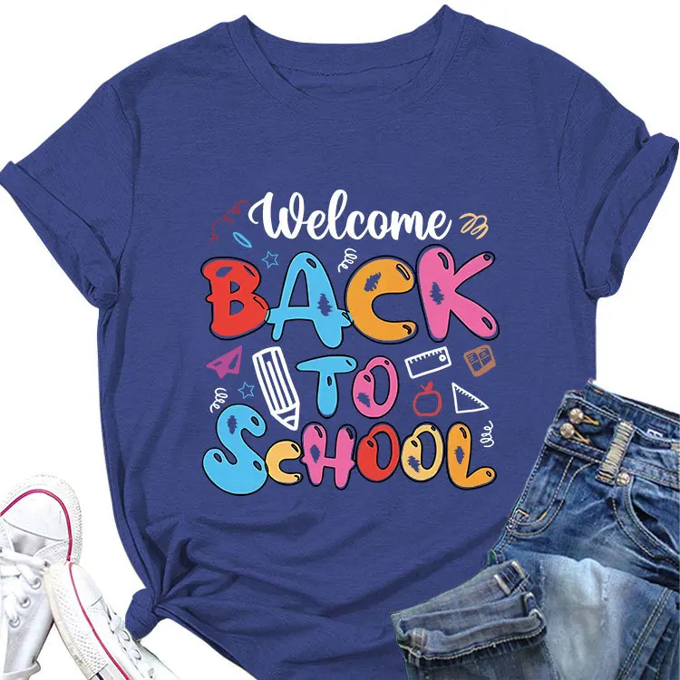 Summer new crew-neck women's T-shirt wlcome back to school printed loose casual short-sleeved top with all fashion pullover