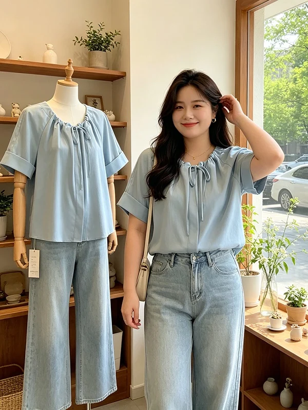 

plus Size Women's Blue Shirt Drawstring Neck Short Sleeve Conceal Meat Slimming Anti-Aging Top Korean Style Loose Fit Commute