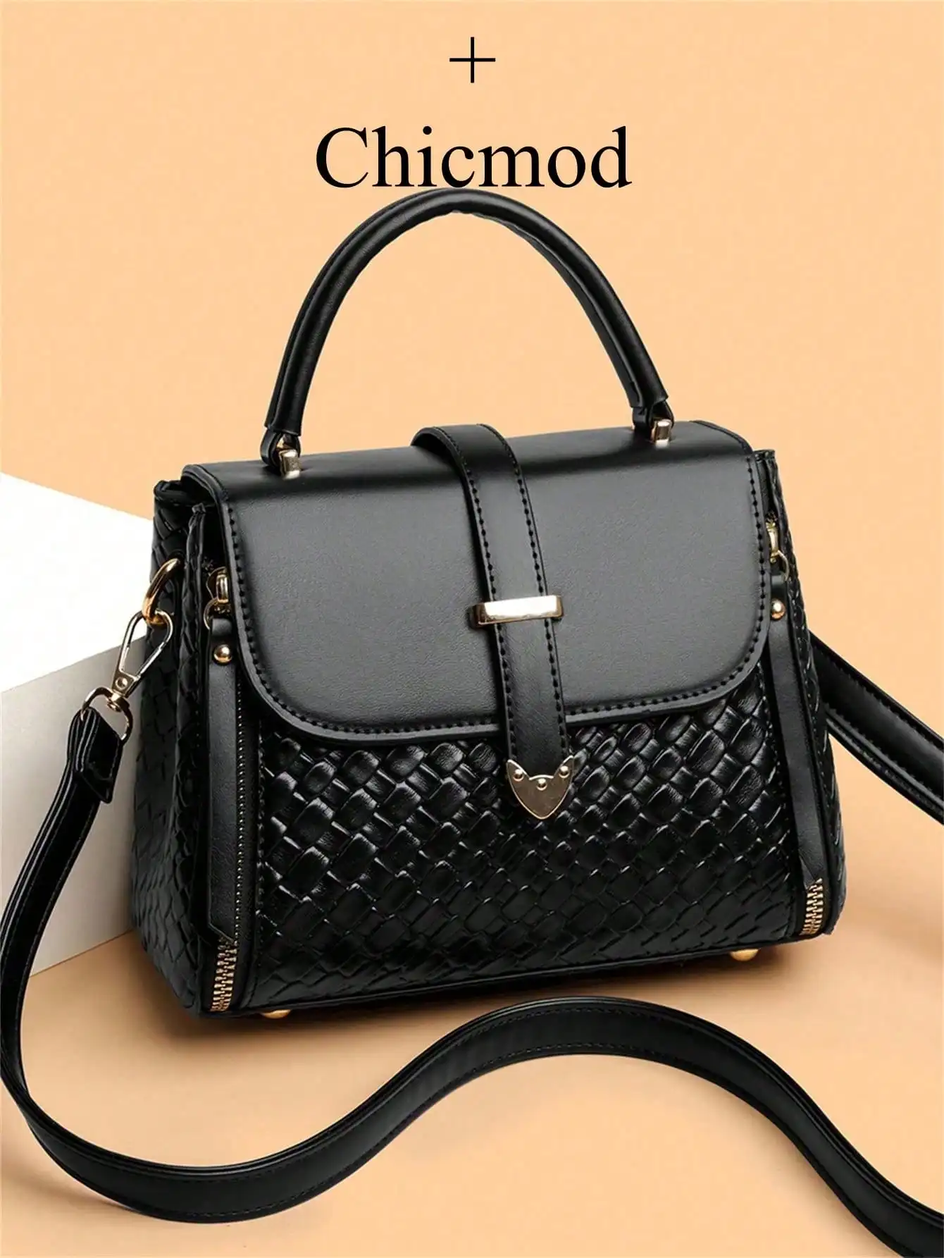 

Black Woven Texture Top-Handle Handbag with Flap Closure and Adjustable Strap