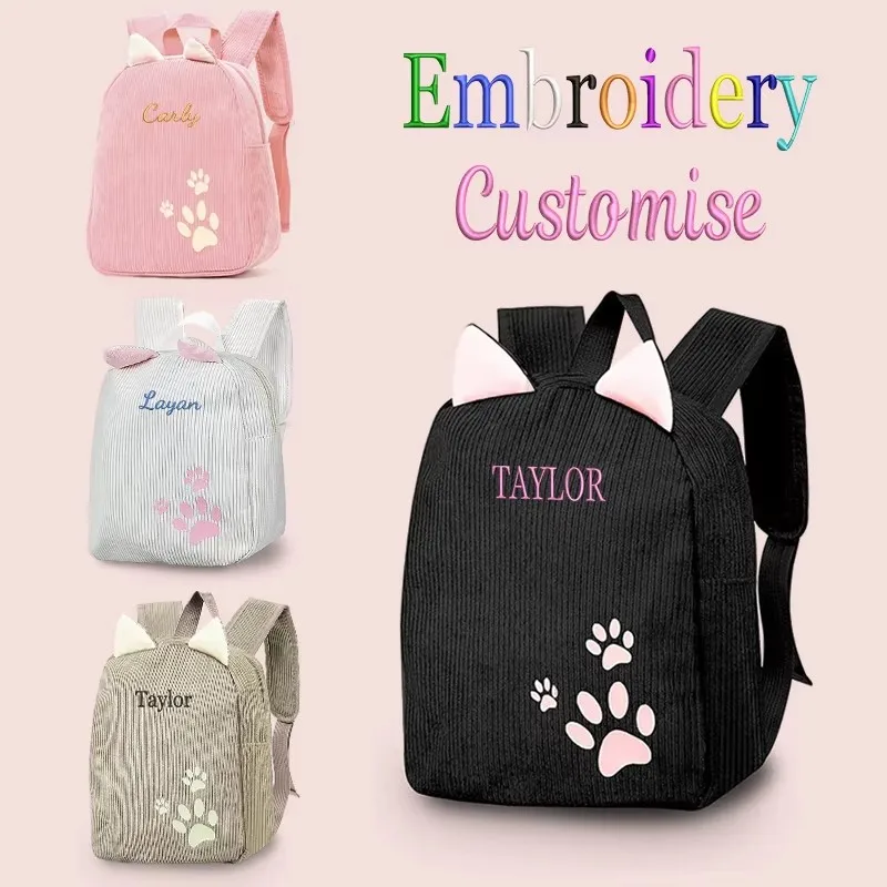 Embroidered Custom New High Quality Corduroy Material Cartoon Cat Design Cute Backpack Casual Back Back to School Season Gift