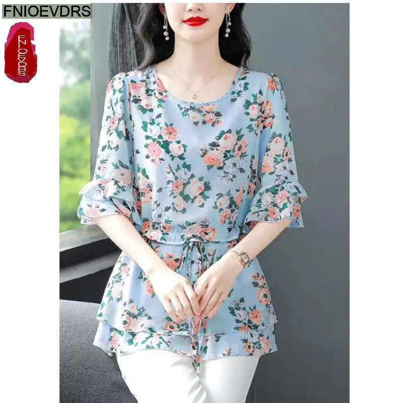 S-4XL Loose Clothes 2024 Summer Retro Drawstring Tops Short Sleeve Women Tunic Flower Floral Print Peplum Shirts Blouses