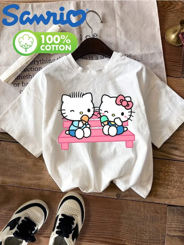 

Two Kittens Sitting on A Pink Stool Eating Ice Cream Cute Sanrio Print T-shirt Women's Crew Neck Short-sleeve Casual Top