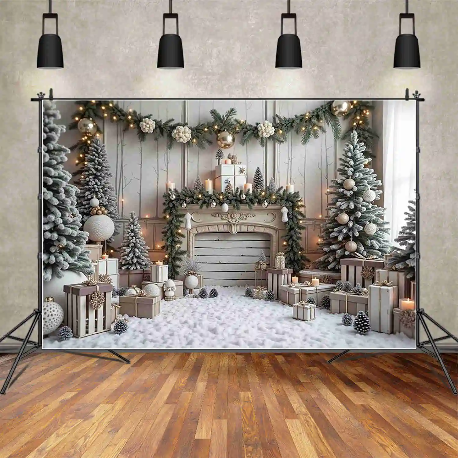 MOON.QG Christmas Pine Tree Wood Background for Photography White Snow Xmas Crate Balls Backdrop 2025 Studio Shooting Supplies