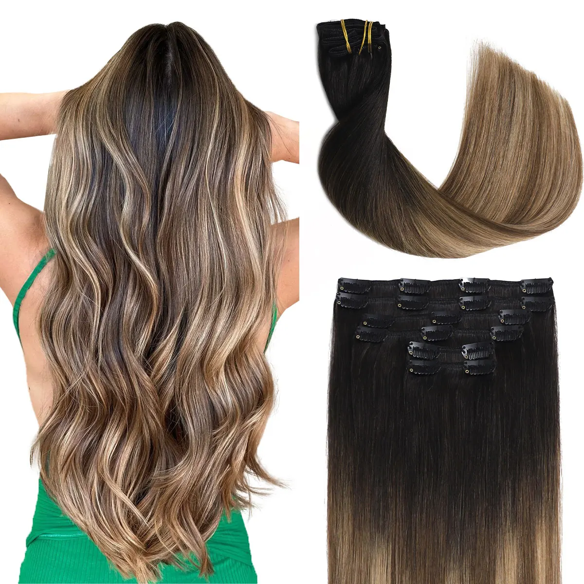 Sindra Clip in Hair Extensions Black to Brown with Caramel Blonde Remy Human Hair Extensions (#1B/4/27)