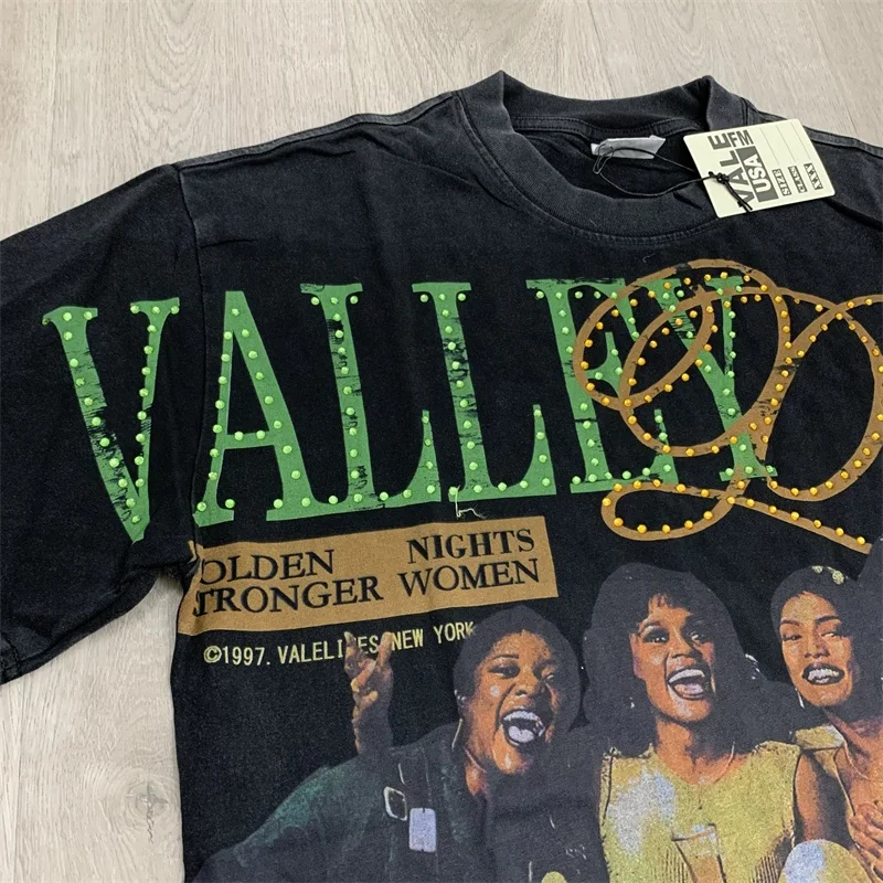 

Black Washed VALLEY Casual Short Sleeves Pure Cotton Oversized Vale Hot Drill Letter T-Shirts Men Clothing