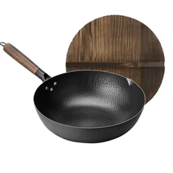 Carbon Steel Wok Pan 32cm Stir-Fry Pans with Wooden Lid Uncoated Flat Bottom Chinese Pan for Induction Electric Gas All Stoves