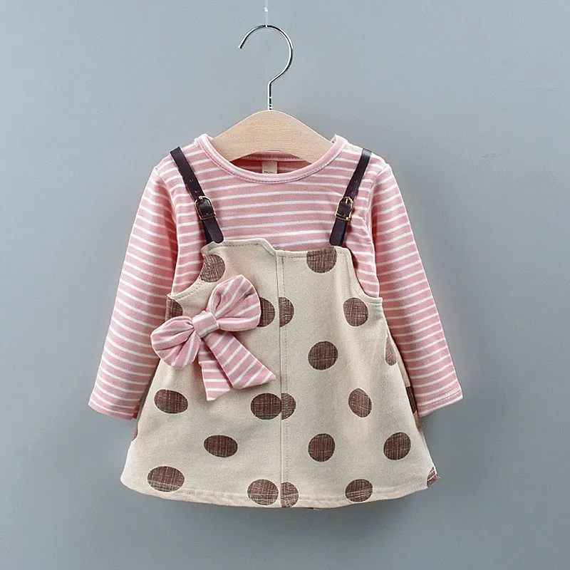 Spring and Autumn Girls\' Dress Baby Stripe Spliced Big Round Dot Fake Two Piece Set Children\'s Bow Long sleeved Dress