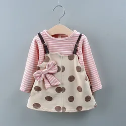 Spring and Autumn Girls' Dress Baby Stripe Spliced Big Round Dot Fake Two Piece Set Children's Bow Long sleeved Dress