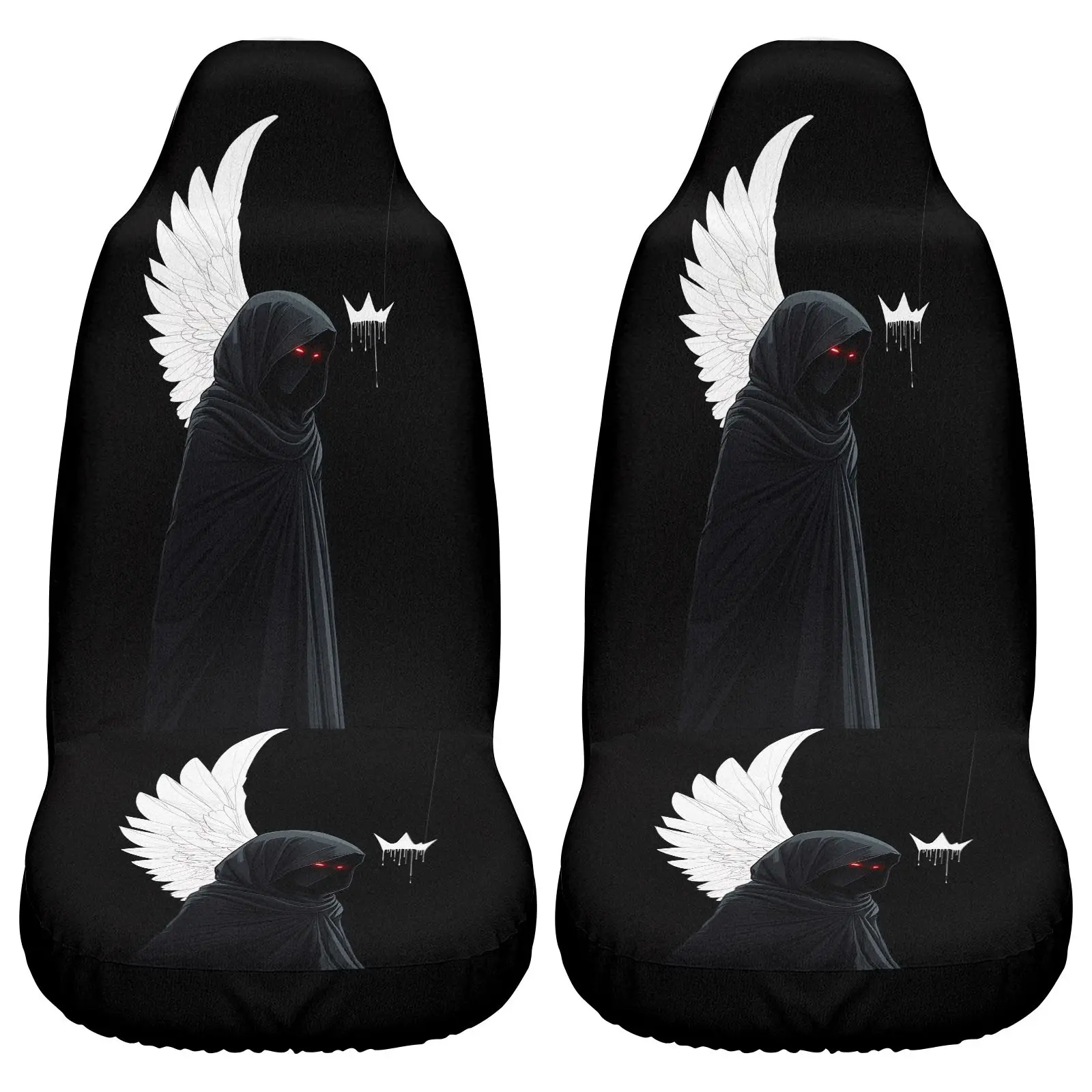 Black Angel-Themed Car Seat Covers Featuring Wings And Red Eyes For Interior Safeguarding