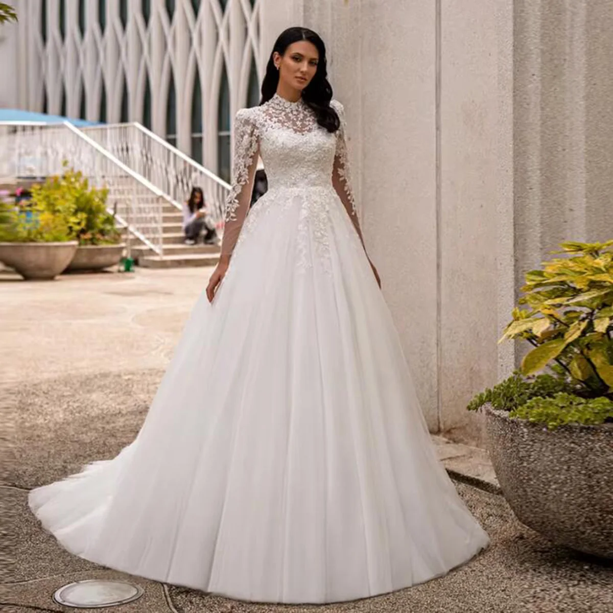

Customized A Line Wedding Dresses For Bride Lace Appliques Beaded Bridal Gowns High Neck Women Party Clothing Robe De Mairee