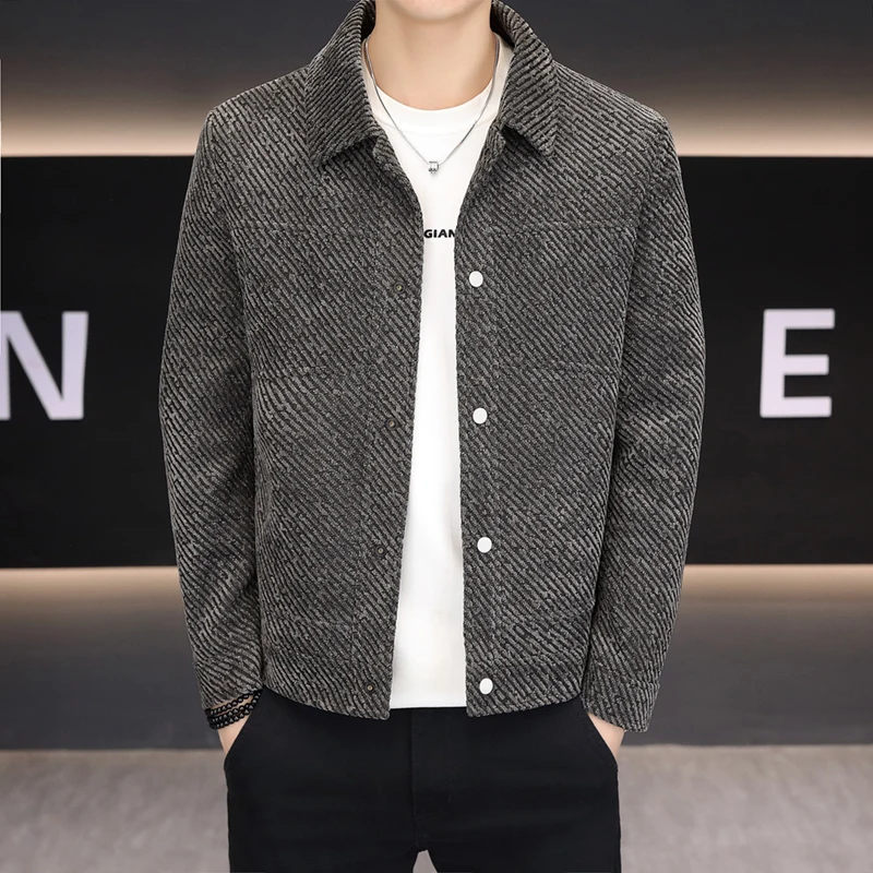 

2025 Autumn Winter Korean Casual Business Jacket Men's Versatile Striped Social Jacket Lapel Social Streetwear Windbreaker Coat